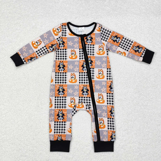 LR1484 Cartoon dog checkered Halloween zip-up long-sleeved onesie