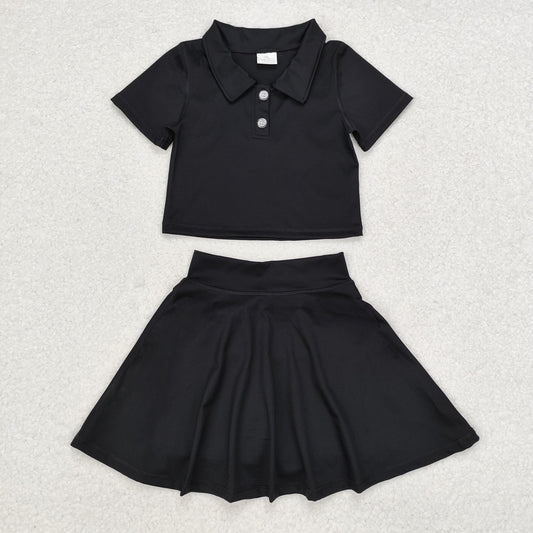 GSD1397 Baby Girls Black Buttons Shirt Skirt Active Wear Clothes Set