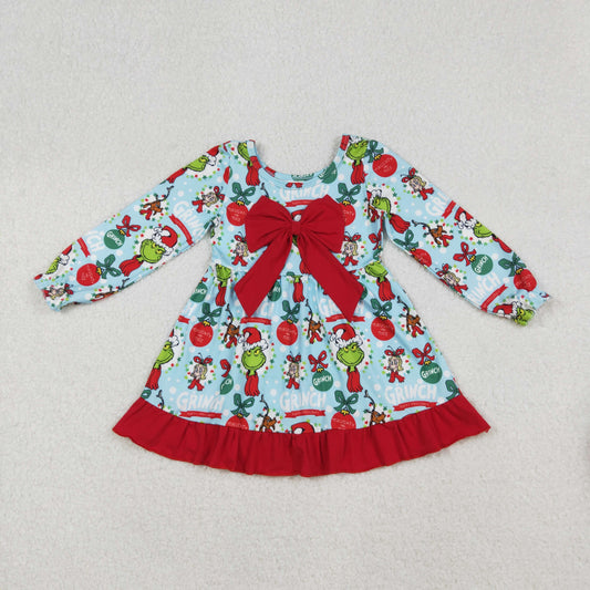 GLD1269 Baby Girls Christmas Green Face Bows Holly Ruffle Knee Length Dress C9.15