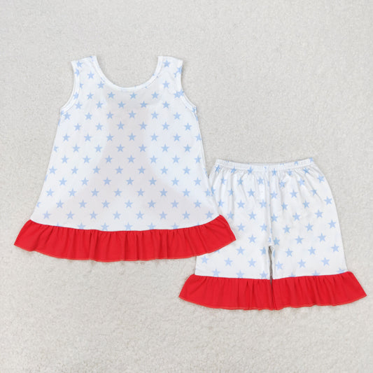 GSSO1217 4th of July Star red lace bow white sleeveless shorts suit