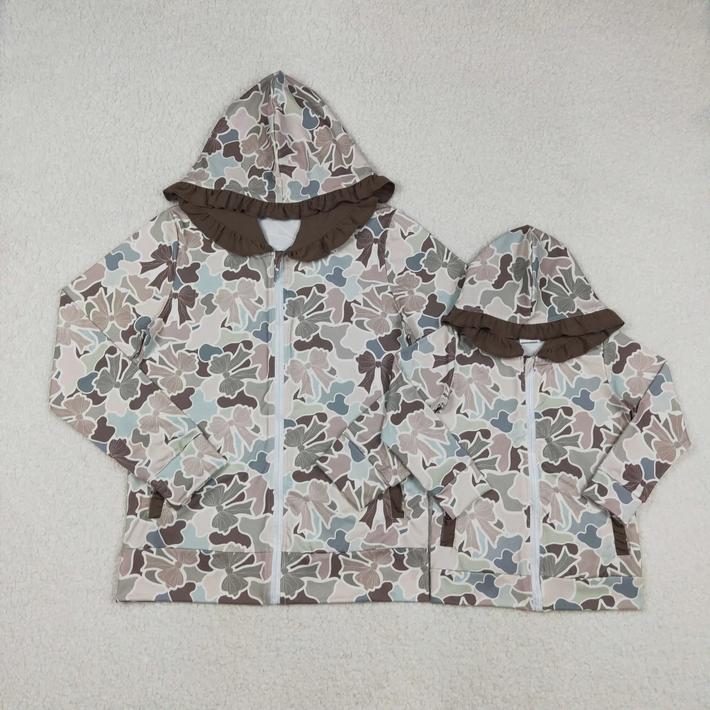 Mama and Me Southern Grey Bows Camo Pockets Zipper Ruffle Hoodie Jackets Top C12.2