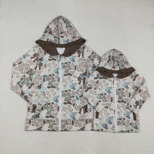 Mama and Me Southern Grey Bows Camo Pockets Zipper Ruffle Hoodie Jackets Top C12.2
