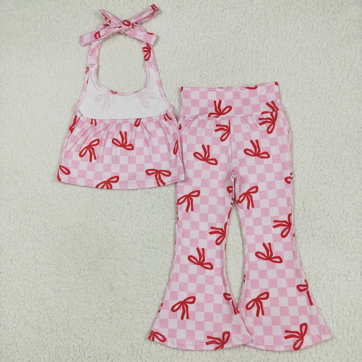 GSPO2030 Baby Girls Strap Pink Plaid Vest Top Bell Bottom Pant Set 6.4
