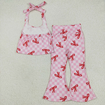 GSPO2030 Baby Girls Strap Pink Plaid Vest Top Bell Bottom Pant Set 6.4