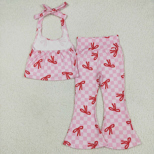 GSPO2030 Baby Girls Strap Pink Plaid Vest Top Bell Bottom Pant Set 6.4