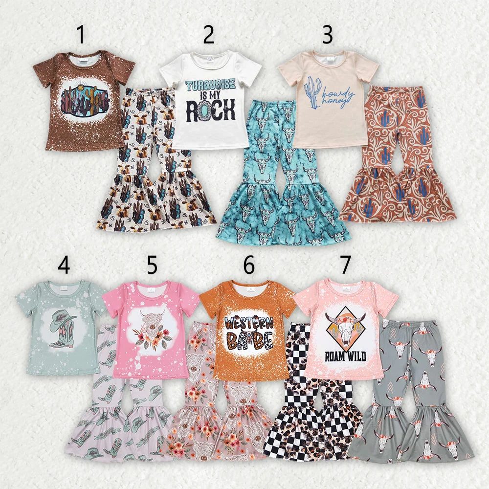 Sibling Baby Girls Western Shirts Bell Bottom Pants Outfits Sets 4.26