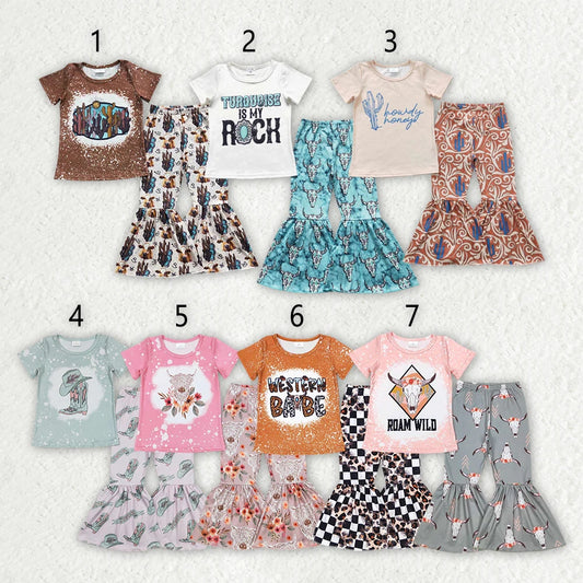 Sibling Baby Girls Western Shirts Bell Bottom Pants Outfits Sets 4.26