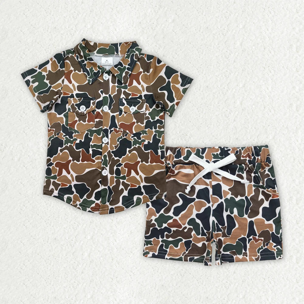 Sibling Baby Boys Camo Print Button Shirts Top Pockets Short Western Set C8.23