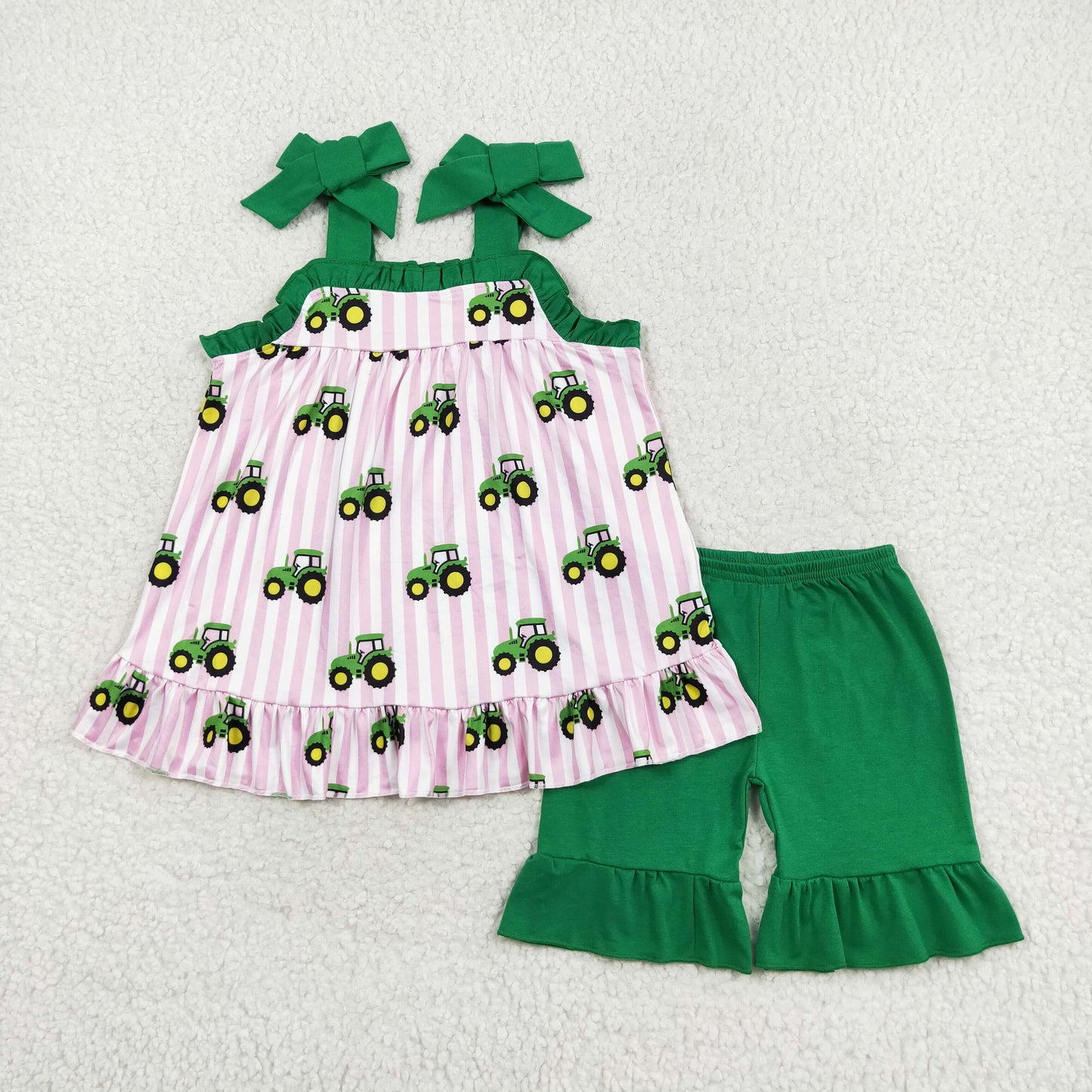 GSSO1222 Farm tractor Pink striped Green lace halter shorts set