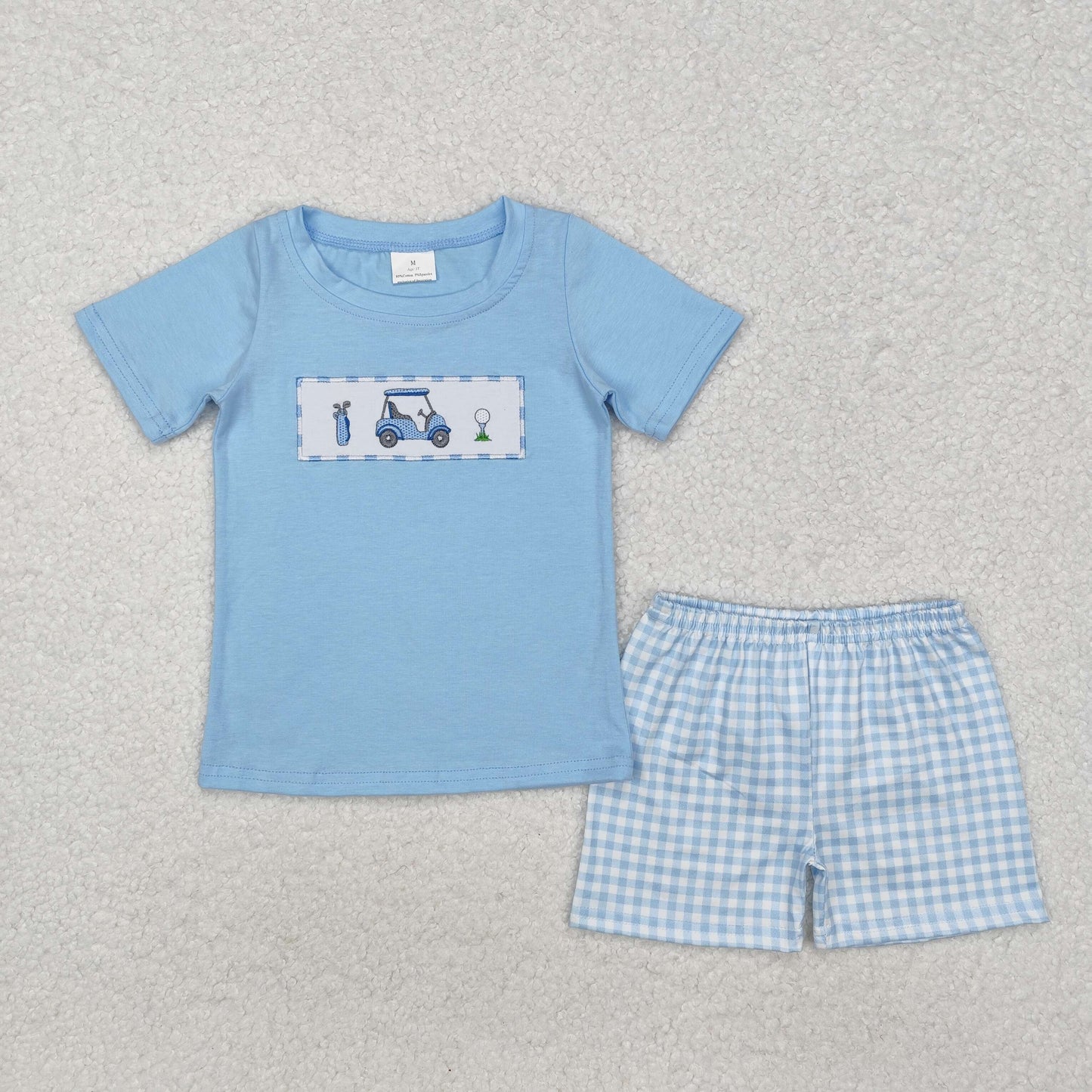 BSSO1052 Baby Boys Golf Carts Tee Shirts Checkered Shorts Clothing Set