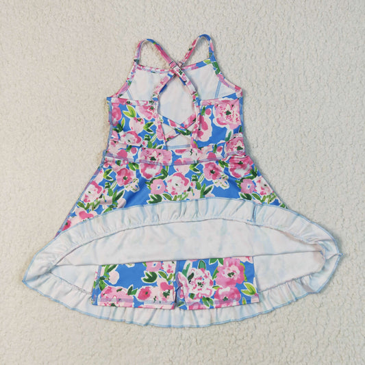 GSD2284 Baby Girls Blue Strap Colorful Floral Yoga Ruffle Knee Length Dress 7.7