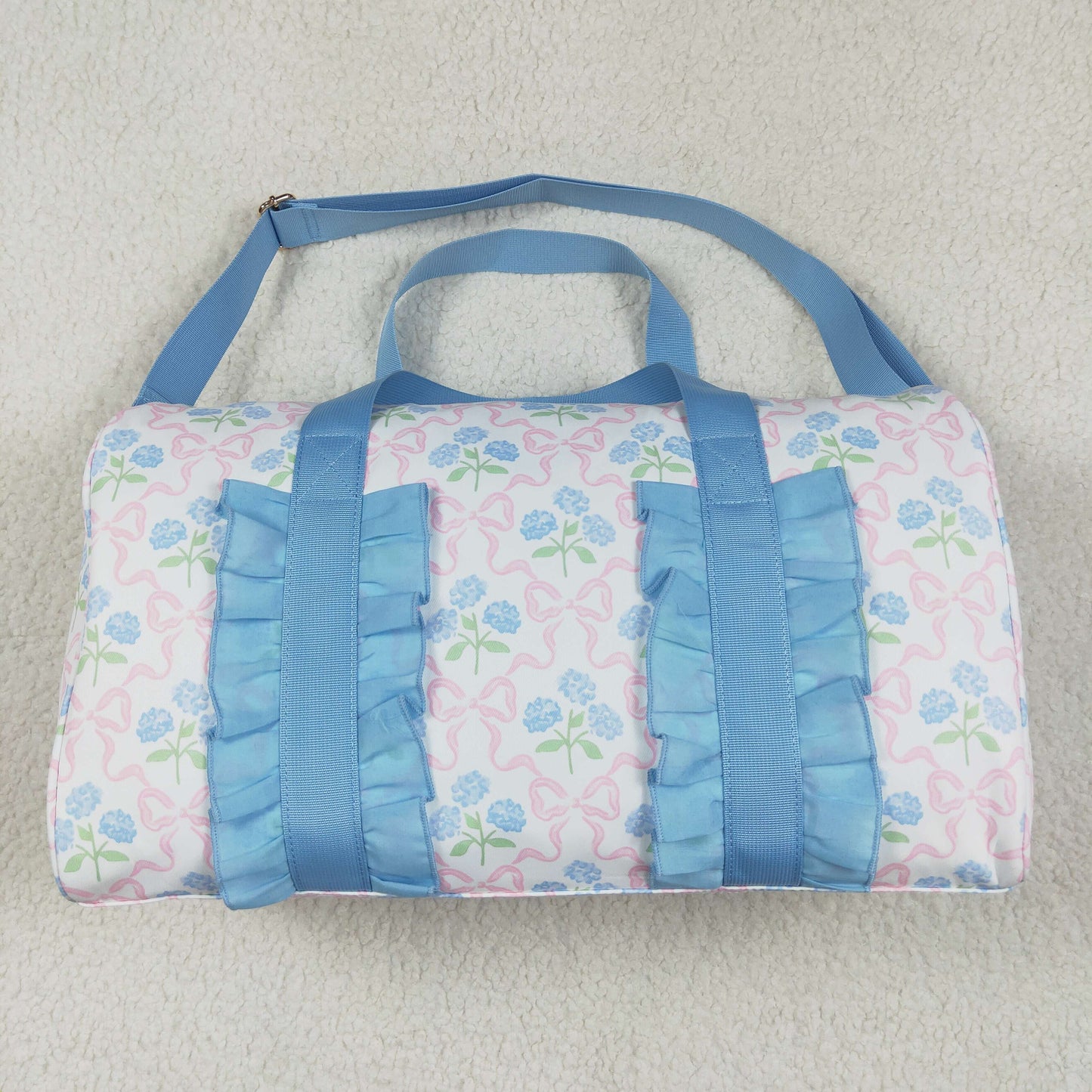 BA0294 Blue Ruffle Pink Bows Plaid Floral Gym Duffle Bag 4.22