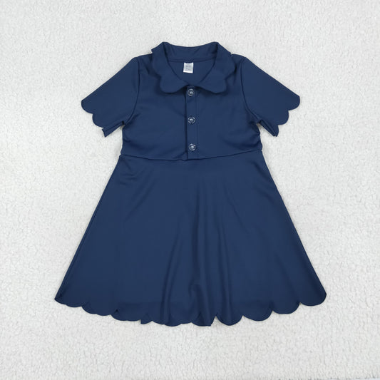 GSD2487 Baby Girls Navy Short Sleeves Button Yoga Knee Length Dress 6.20
