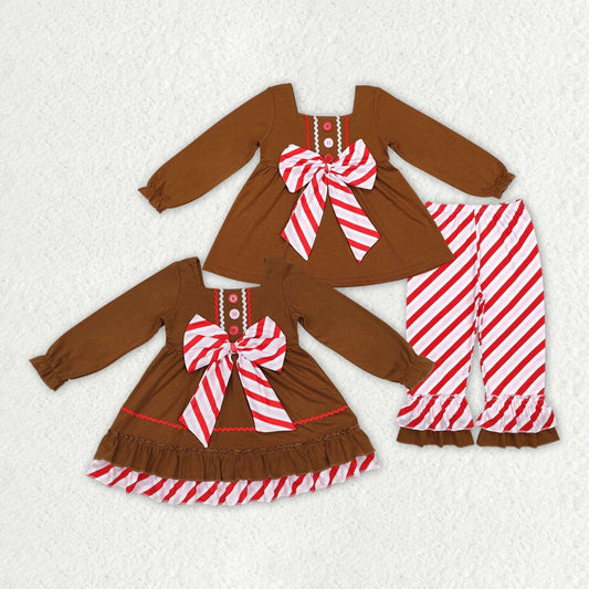 Sibling Baby Girls Brown Gingerbread Bow Dresses Clothes Sets