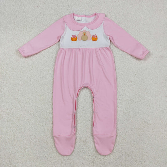 LR2563 Embroidery Baby Girls Pink Pumpkins Turkey Fall Footed Romper C9.26
