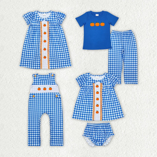 Sibling Girls Boys Blue Pumpkins Dresses Rompers Fall Clothes Sets