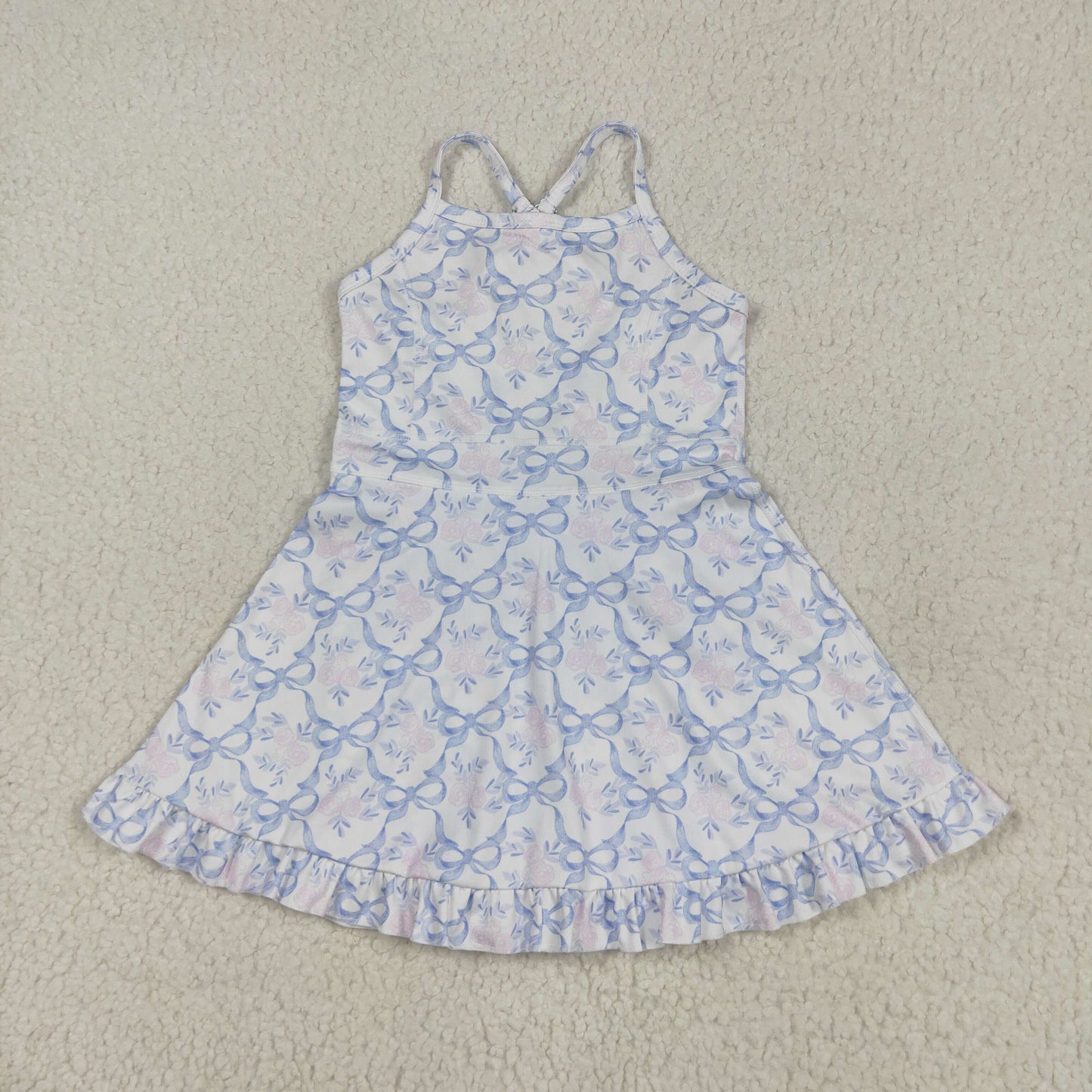 GSD2580 Baby Girls Strap Blue Bows Floral Yoga Ruffle Knee Length Dress 4.22