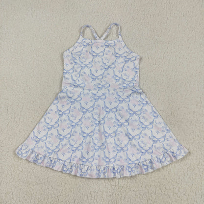 GSD2580 Baby Girls Strap Blue Bows Floral Yoga Ruffle Knee Length Dress 4.22