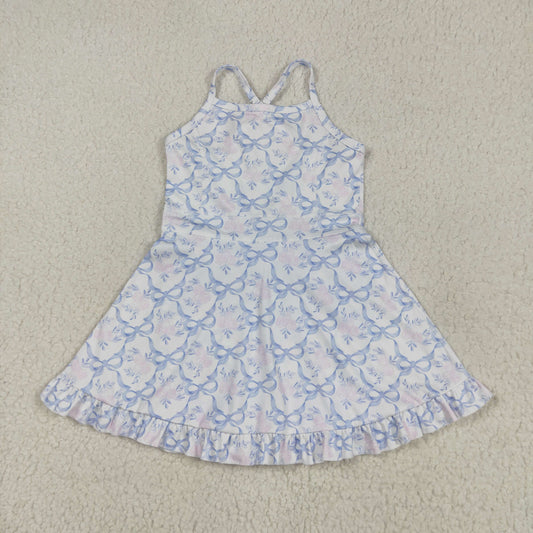 GSD2580 Baby Girls Strap Blue Bows Floral Yoga Ruffle Knee Length Dress 4.22