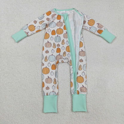 LR2565 Baby Boys Colorful Pumpkins Plaid Fall Zipper Footie Romper C8.29