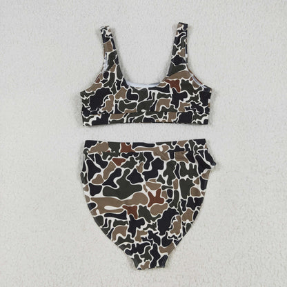 S0565 Adult Women Duck Brown Camo Top Bottom Swimsuits Set
