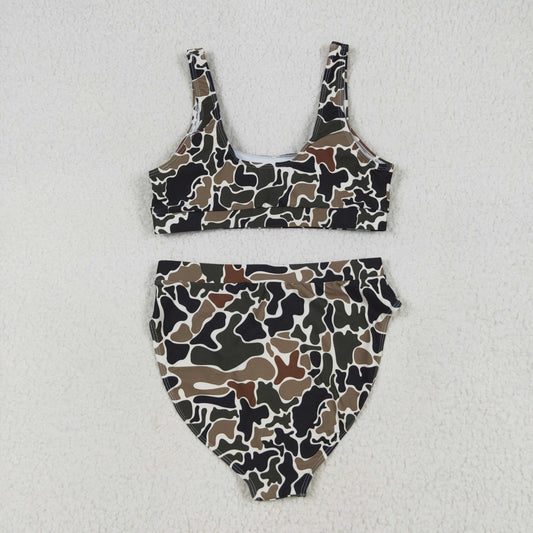 S0565 Adult Women Duck Brown Camo Top Bottom Swimsuits Set