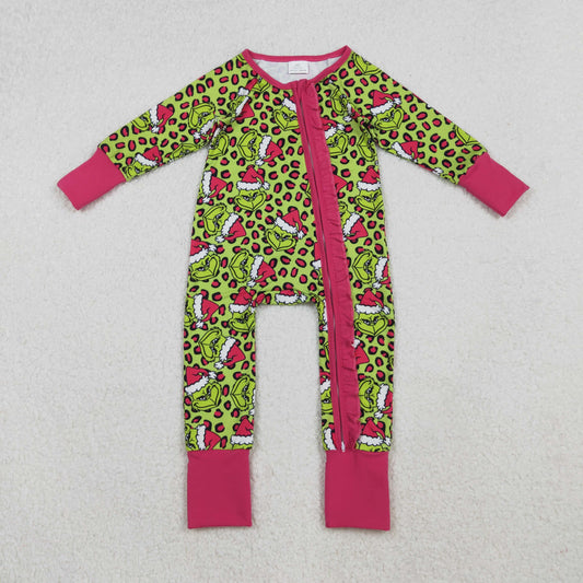 LR2520 Baby Girls Christmas Green Face Leopard Ruffle Zipper Footie Romper C10.14