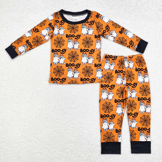 BLP0727 Baby Kids Halloween Orange Dogs Spider Top Pants Pajamas Clothes Set