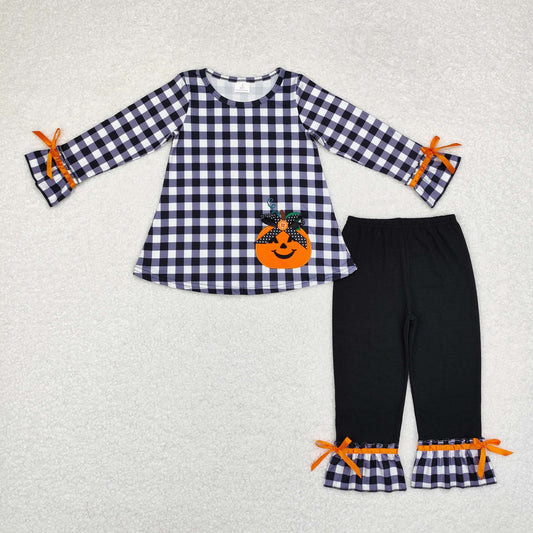 GLP1674 Embroidered pumpkin pattern black and white checkered bow long sleeve pant suit