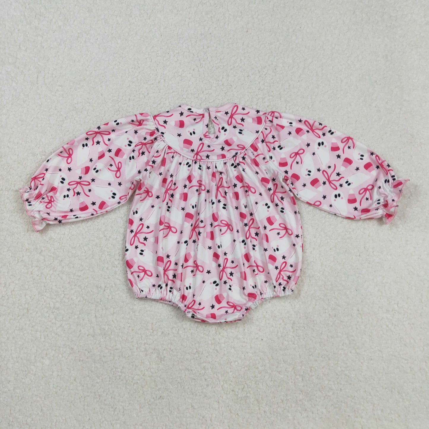 LR2216 Baby Girls Smocked Embroidery Long Sleeves Pink Bows Ghosts Candy Ruffle Romper C8.29