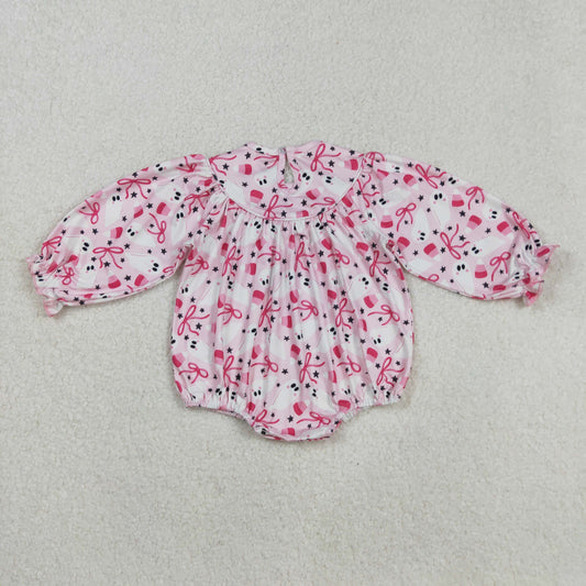 LR2216 Baby Girls Smocked Embroidery Long Sleeves Pink Bows Ghosts Candy Ruffle Romper C8.29