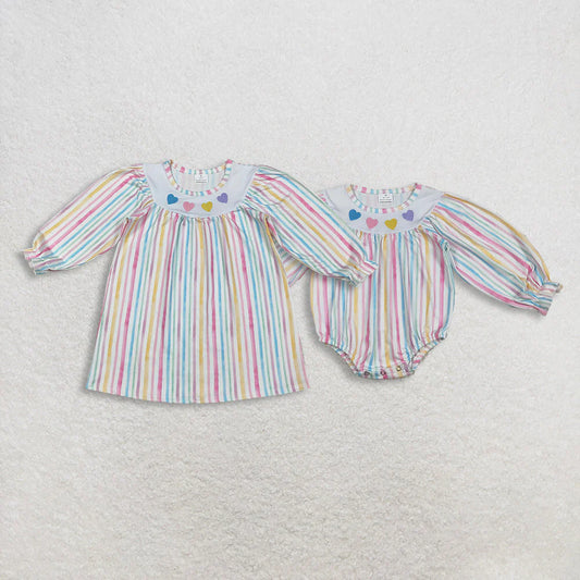 Sibling Baby Girls Colorful Stripe Embroidery Hearts Ruffle Sleeve Knee Length Dress Rompers C11.8