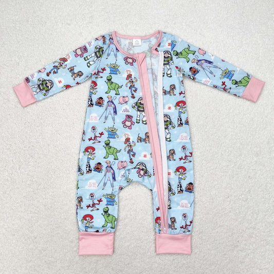 LR0987 Bamboo Cartoon blue pink zipper long sleeve onesie