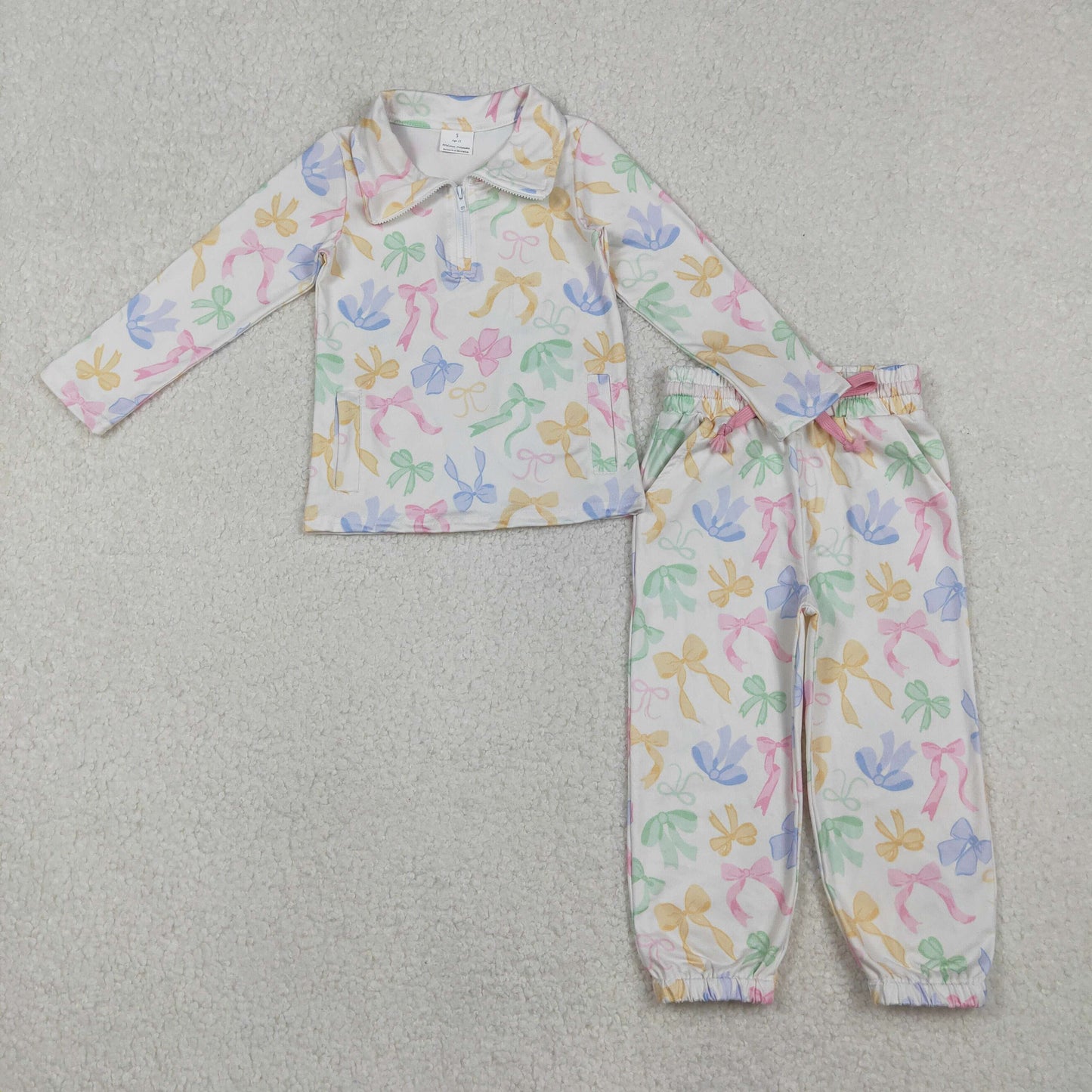 GLP2886 Baby Girls Colorful Bows Pockets Zipper Pullover Jogger Clothes Set C10.28