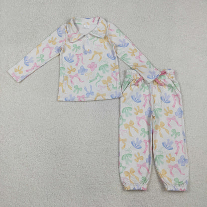 GLP2886 Baby Girls Colorful Bows Pockets Zipper Pullover Jogger Clothes Set C10.28