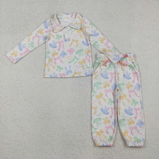 GLP2886 Baby Girls Colorful Bows Pockets Zipper Pullover Jogger Clothes Set C10.28
