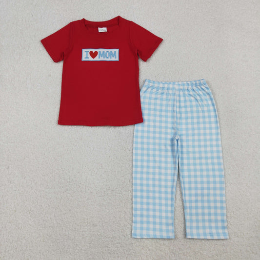 BSPO0588 Embroidery Baby Boys I Love Mom Top Blue Checked Pants Clothes Set C10.21