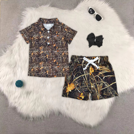 BT0639+SS0280 Baby Boys Short Sleeves Western Leaves Camo Button Pullover Top Pockets Shorts Set 4.24