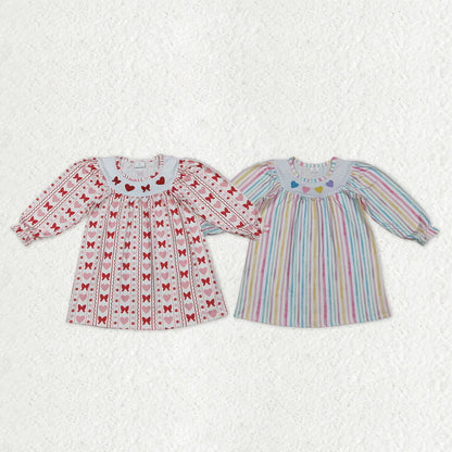 Sibling Baby Girls Embroidery Hearts Bows Stripe Valentines Ruffle Sleeve Knee Length Dresses C11.21