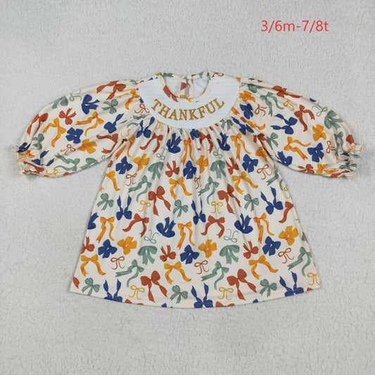 GLD1086 Baby Girls Long Ruffle Sleeves Smocked Thankful Colorful Bows Knee Length Dress 7.28