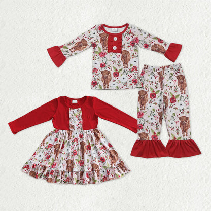 Sibling Baby Girls Flowers Highland Cows Ruffle Pant Western Pajamas Set Knee Length Dress C12.2