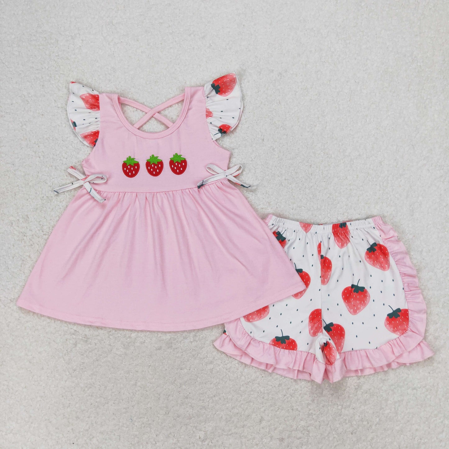 GSSO1054 Embroidered strawberry pink flying sleeve shorts set