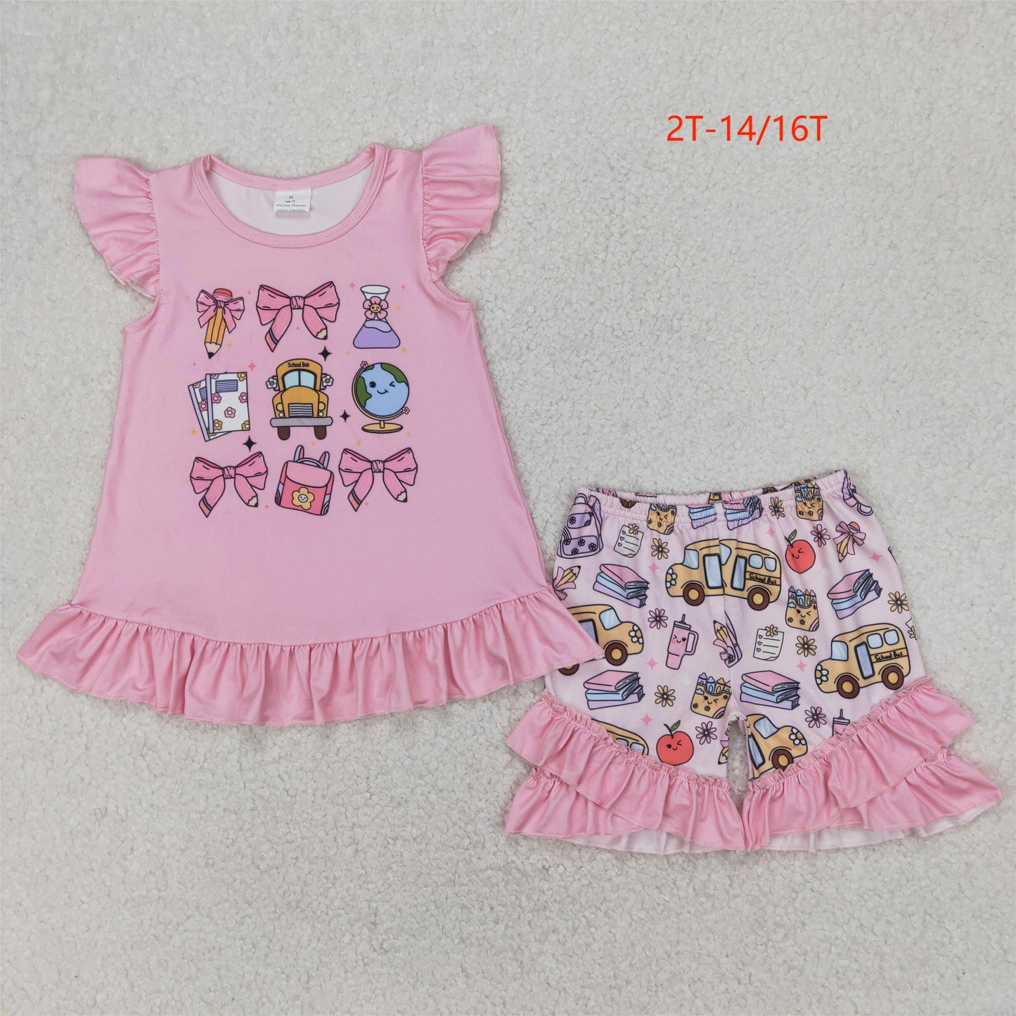 GSSO1910 Baby Girls Pencil Pink Bow Back To School Tunic Ruffle Shorts Clothes Set