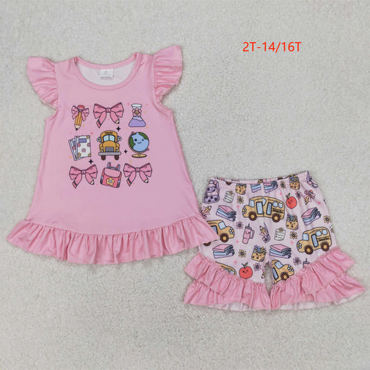 GSSO1910 Baby Girls Pencil Pink Bow Back To School Tunic Ruffle Shorts Clothes Set