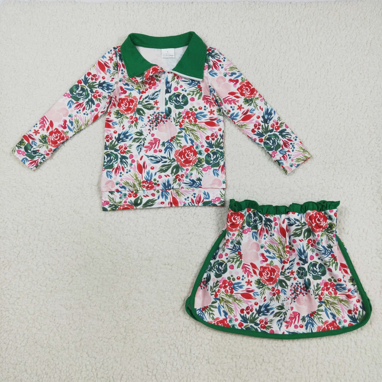 GLD1075 Baby Girls Long Sleeves Green Red Floral Zipper Top Skirts Set C8.16
