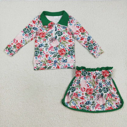 GLD1075 Baby Girls Long Sleeves Green Red Floral Zipper Top Skirts Set C8.16