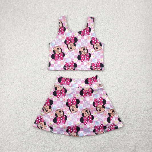 GSD2460 Baby Girls Sleeveless Pink Plaid Cartoon Mouse Top Skort Yoga Set 4.29