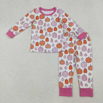 Sibling Baby Girls Pink Pumpkins Fall Pajamas Sets Ruffle Zipper Footie Rompers C10.9