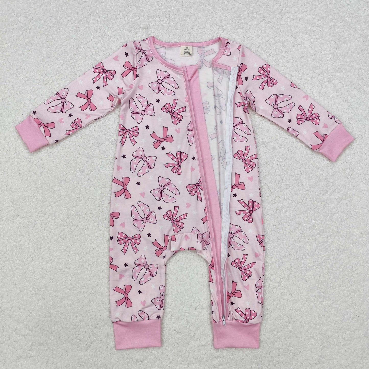 LR1608 Baby Infant Girls Pink Dots Bows Zip Bamboo Romper