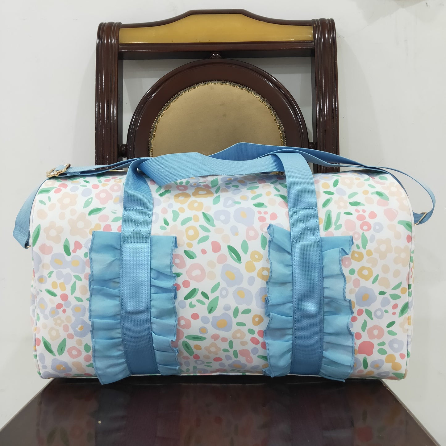 BA0292 Blue Ruffle Colorful Leopard Print Gym Duffle Bag 7.7